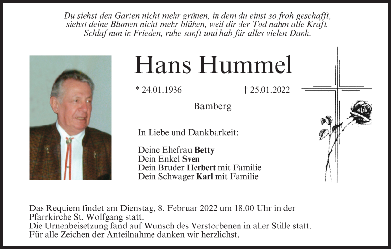  Traueranzeige für Hans Hummel vom 05.02.2022 aus MGO