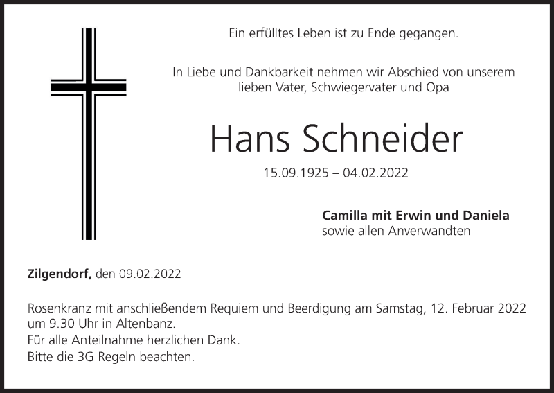  Traueranzeige für Hans Schneider vom 09.02.2022 aus MGO