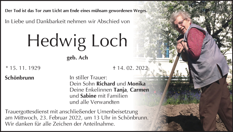  Traueranzeige für Hedwig Loch vom 19.02.2022 aus MGO