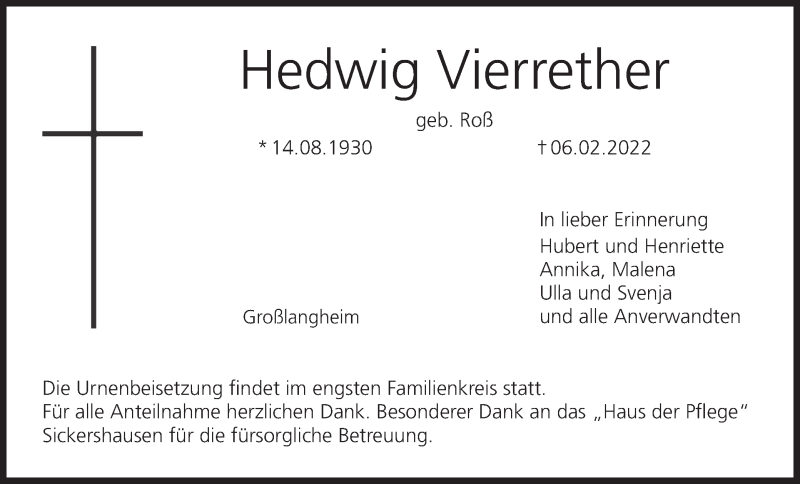  Traueranzeige für Hedwig Vierrether vom 12.02.2022 aus MGO