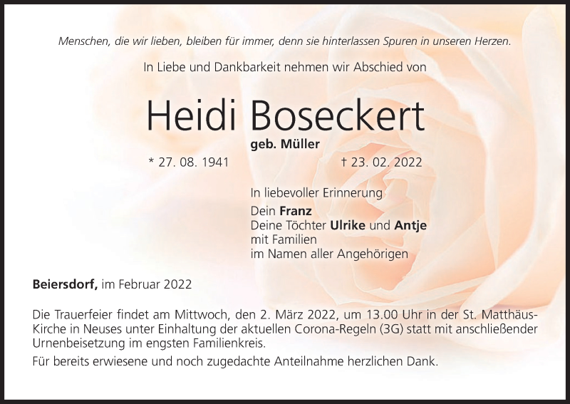  Traueranzeige für Heidi Boseckert vom 26.02.2022 aus MGO