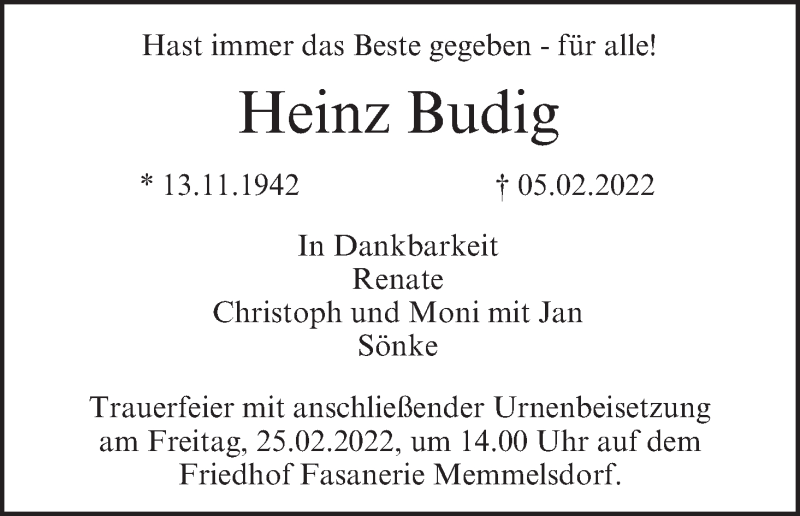  Traueranzeige für Heinz Budig vom 19.02.2022 aus MGO