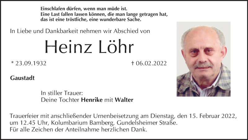  Traueranzeige für Heinz Löhr vom 12.02.2022 aus MGO