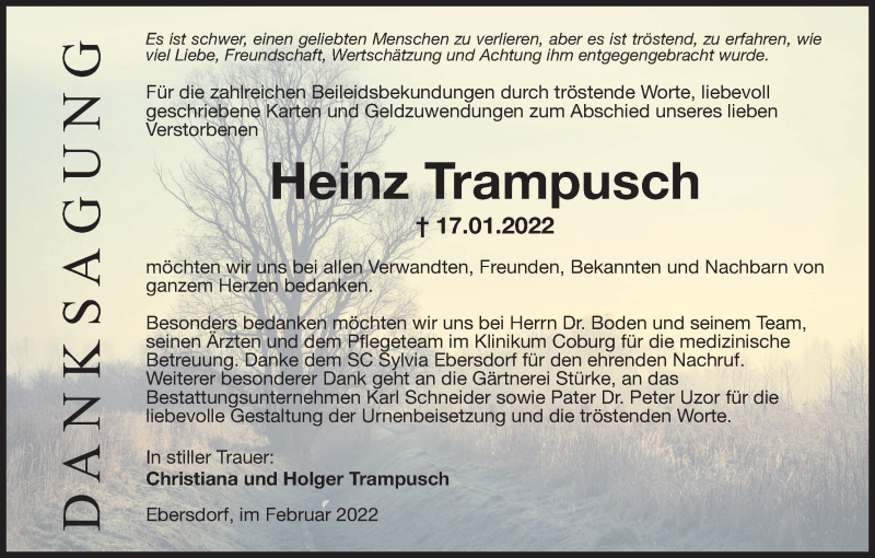  Traueranzeige für Heinz Trampusch vom 05.02.2022 aus MGO