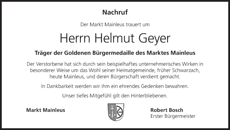  Traueranzeige für Helmut Geyer vom 02.02.2022 aus MGO