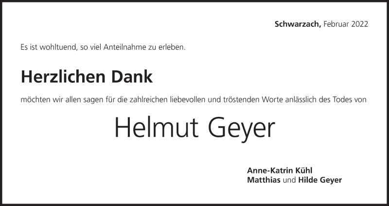  Traueranzeige für Helmut Geyer vom 19.02.2022 aus MGO