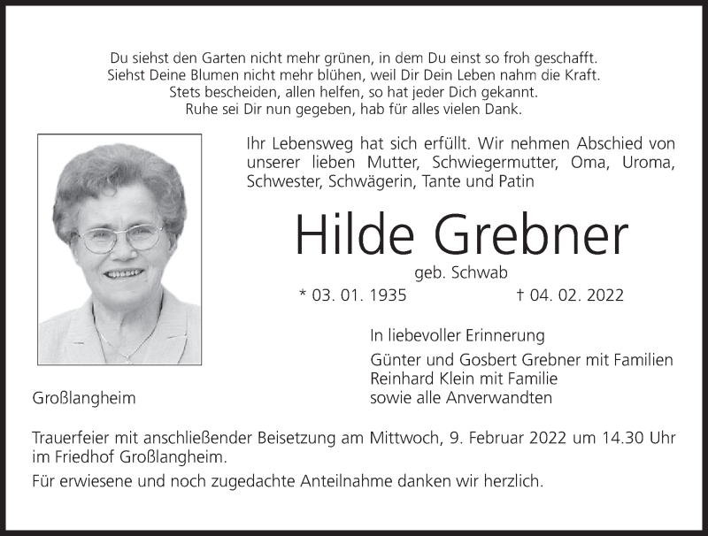  Traueranzeige für Hilde Grebner vom 05.02.2022 aus MGO