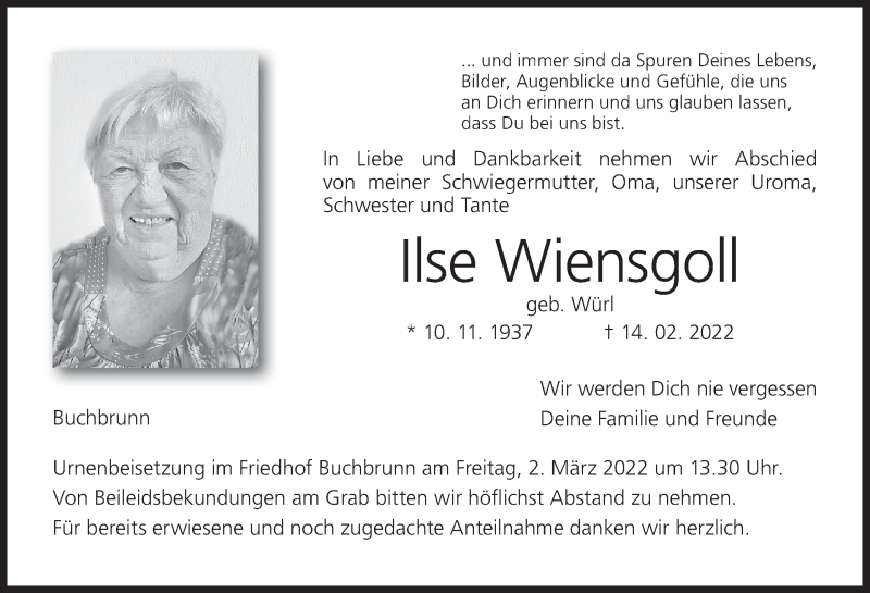  Traueranzeige für Ilse Wiensgoll vom 26.02.2022 aus MGO