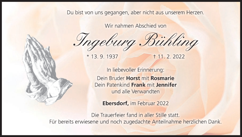  Traueranzeige für Ingeburg Bühling vom 19.02.2022 aus MGO