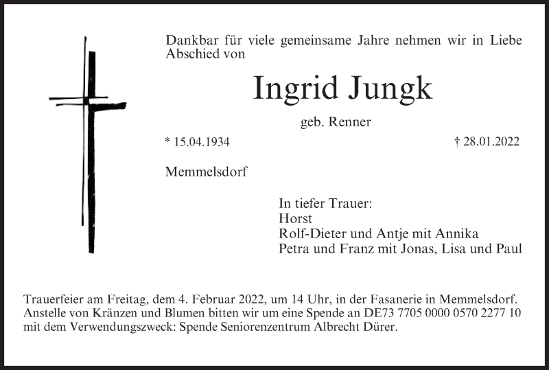  Traueranzeige für Ingrid Jungk vom 03.02.2022 aus MGO
