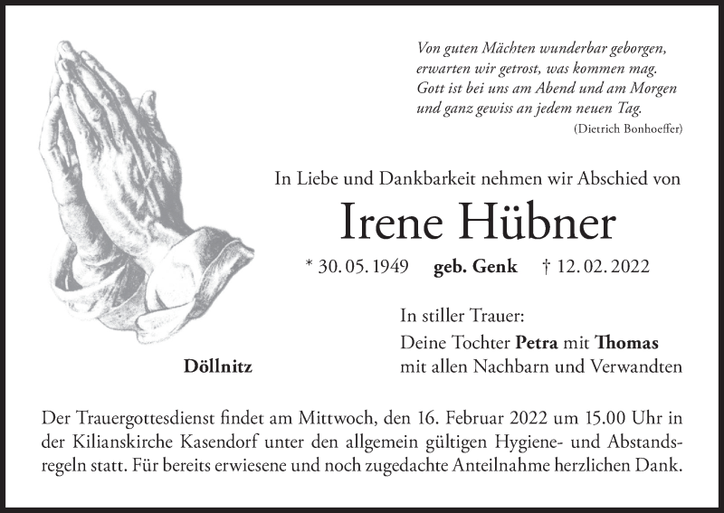  Traueranzeige für Irene Hübner vom 15.02.2022 aus MGO