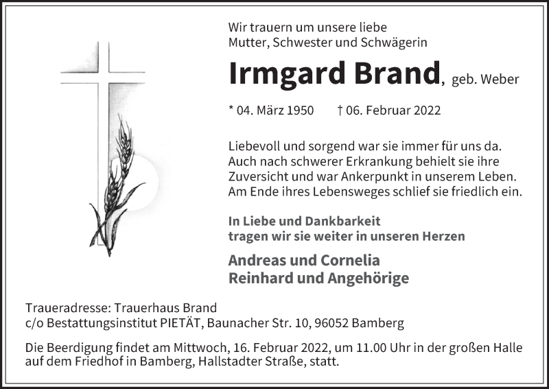  Traueranzeige für Irmgard Brand vom 12.02.2022 aus MGO
