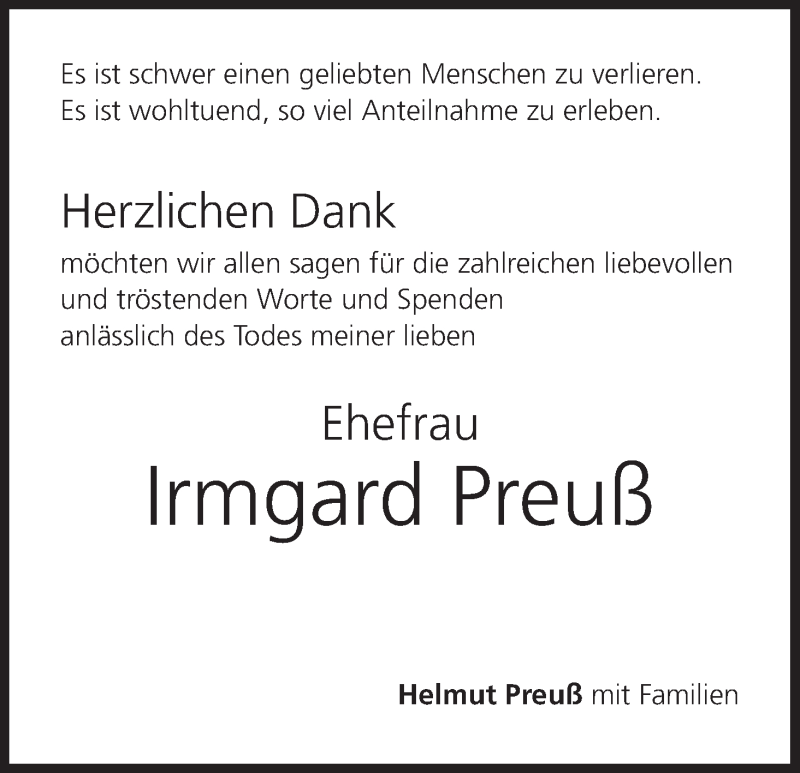  Traueranzeige für Irmgard Preuß vom 11.02.2022 aus MGO
