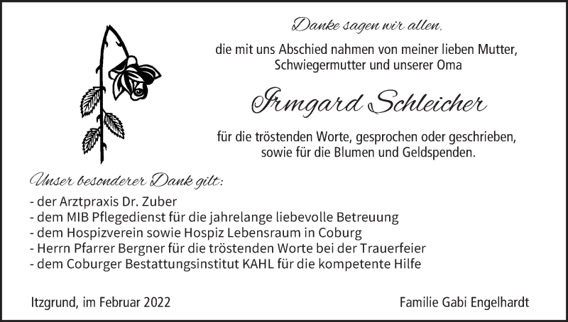  Traueranzeige für Irmgard Schleicher vom 05.02.2022 aus MGO