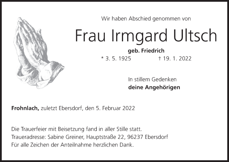  Traueranzeige für Irmgard Ultsch vom 05.02.2022 aus MGO