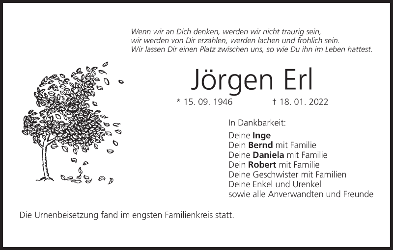  Traueranzeige für Jörgen Erl vom 05.02.2022 aus MGO