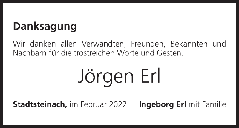  Traueranzeige für Jörgen Erl vom 12.02.2022 aus MGO