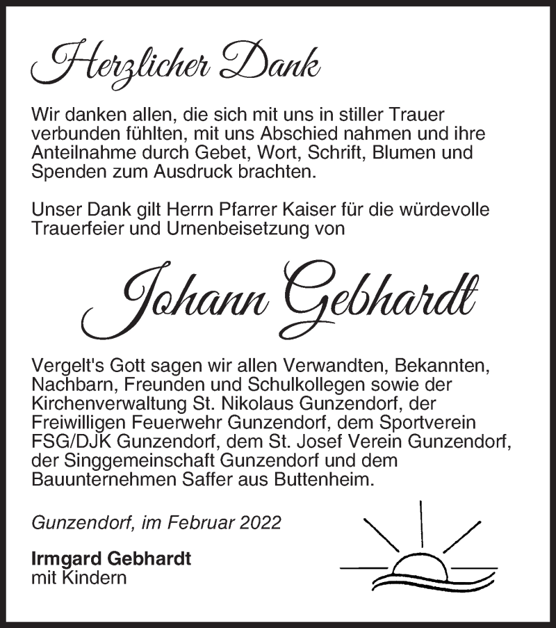  Traueranzeige für Johann Gebhardt vom 05.02.2022 aus MGO