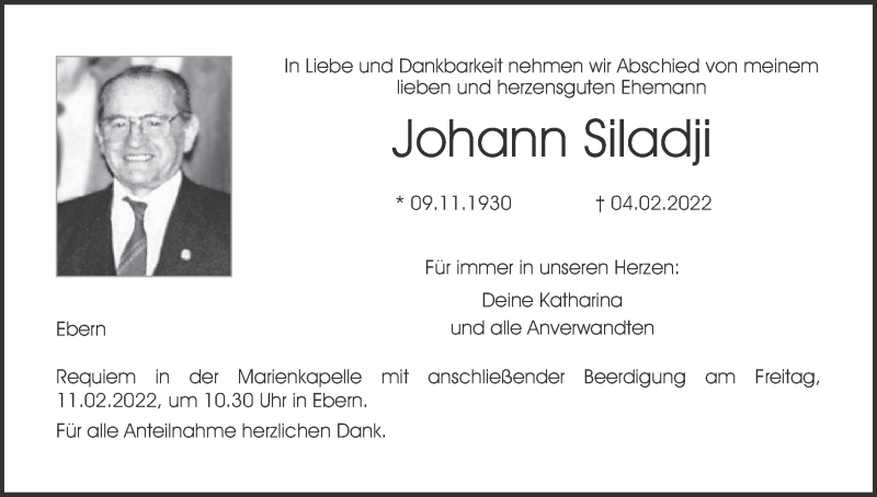  Traueranzeige für Johann Siladji vom 09.02.2022 aus MGO