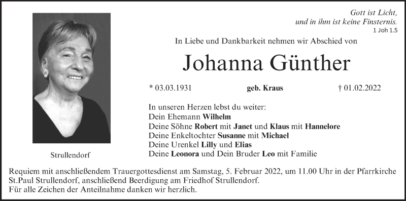  Traueranzeige für Johanna Günther vom 03.02.2022 aus MGO