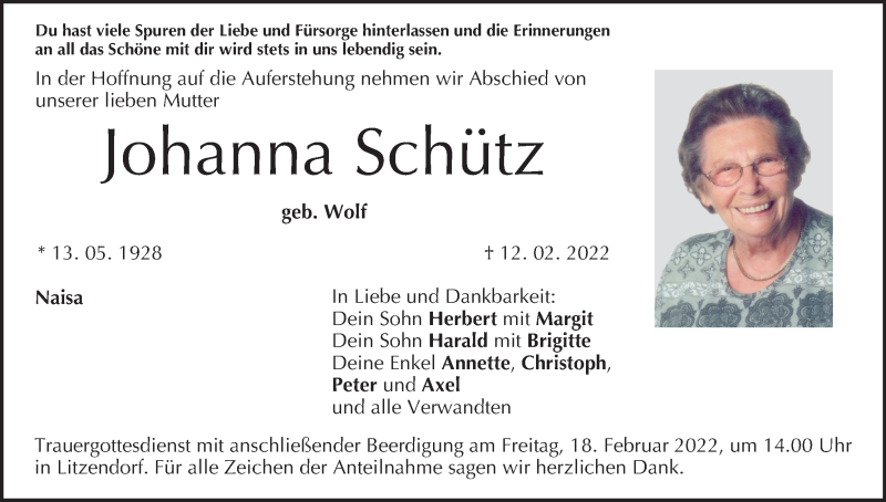  Traueranzeige für Johanna Schütz vom 15.02.2022 aus MGO