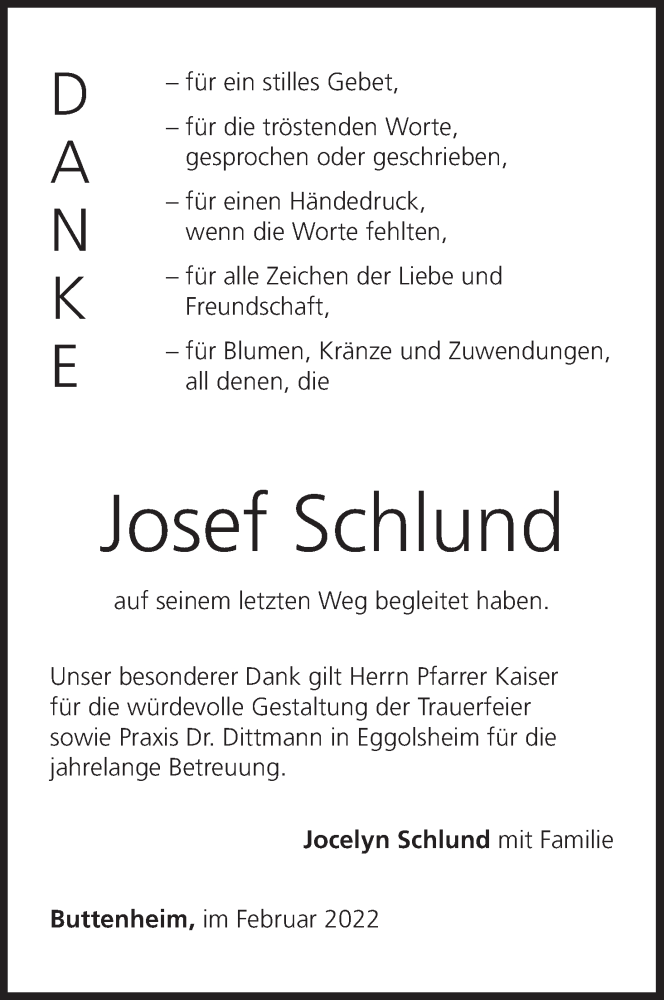  Traueranzeige für Josef Schlund vom 26.02.2022 aus MGO