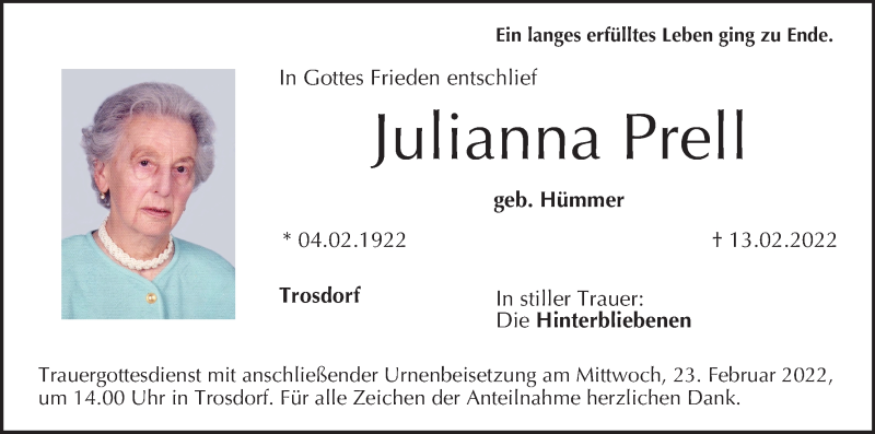  Traueranzeige für Julianna Prell vom 19.02.2022 aus MGO