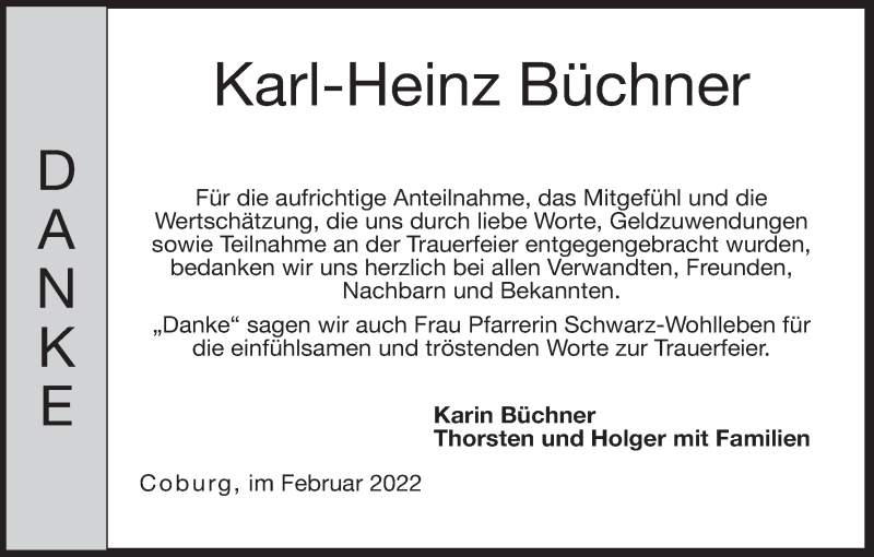  Traueranzeige für Karl-Heinz Büchner vom 11.02.2022 aus MGO