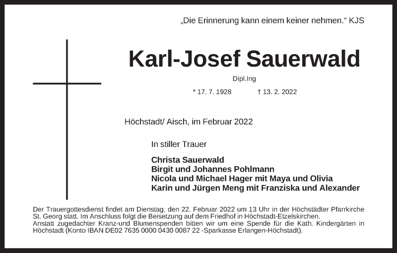  Traueranzeige für Karl-Josef Sauerwald vom 19.02.2022 aus MGO