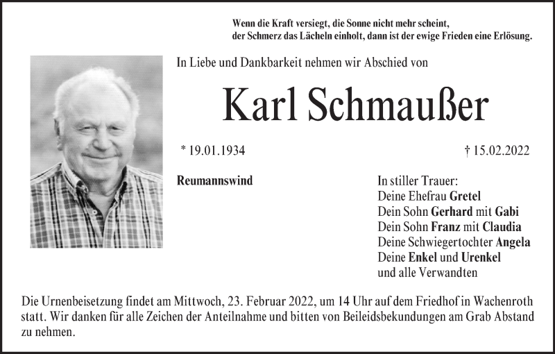  Traueranzeige für Karl Schmaußer vom 19.02.2022 aus MGO