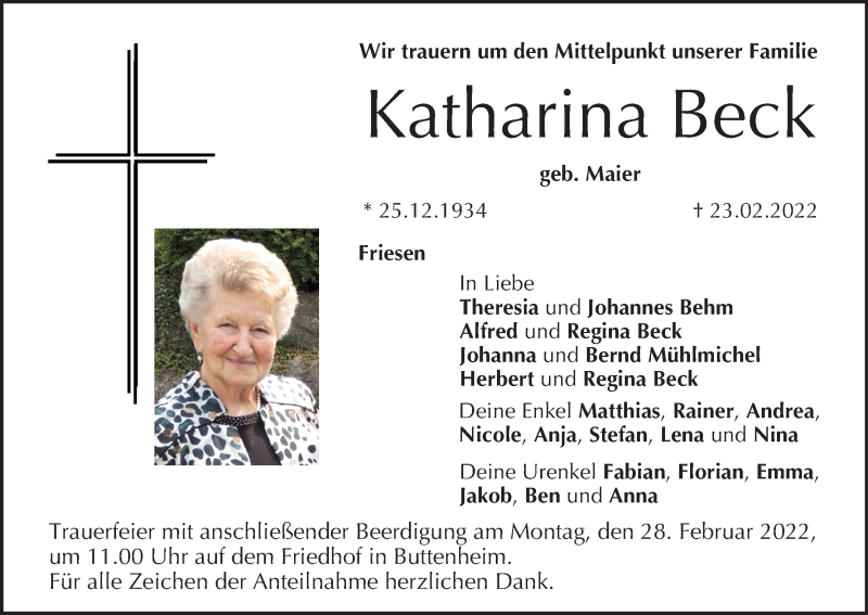  Traueranzeige für Katharina Beck vom 26.02.2022 aus MGO