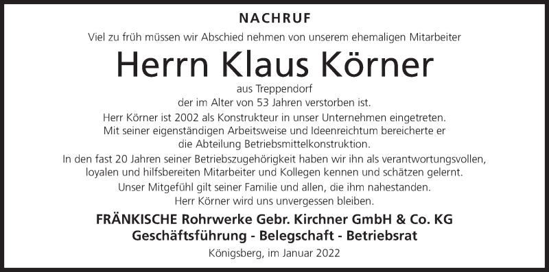  Traueranzeige für Klaus Körner vom 02.02.2022 aus MGO