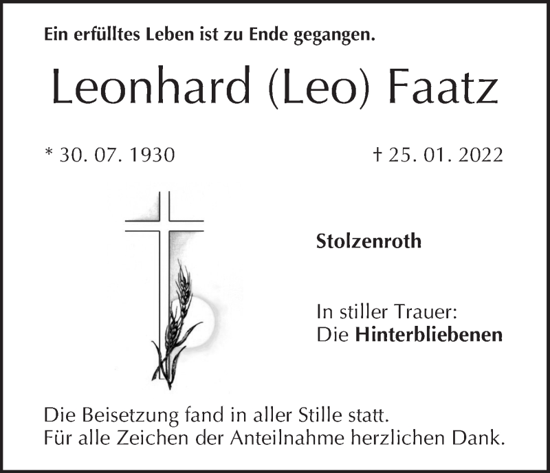  Traueranzeige für Leonhard Faatz vom 05.02.2022 aus MGO