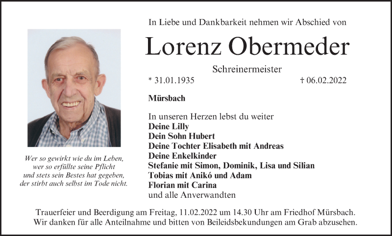  Traueranzeige für Lorenz Obermeder vom 09.02.2022 aus MGO