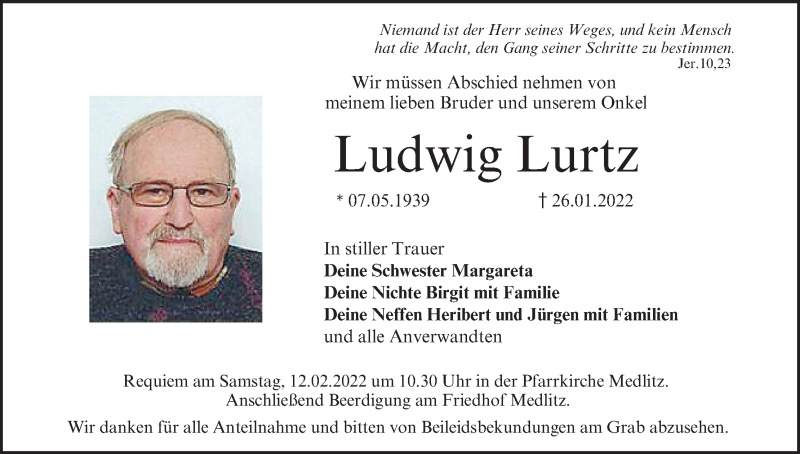  Traueranzeige für Ludwig Lurtz vom 10.02.2022 aus MGO