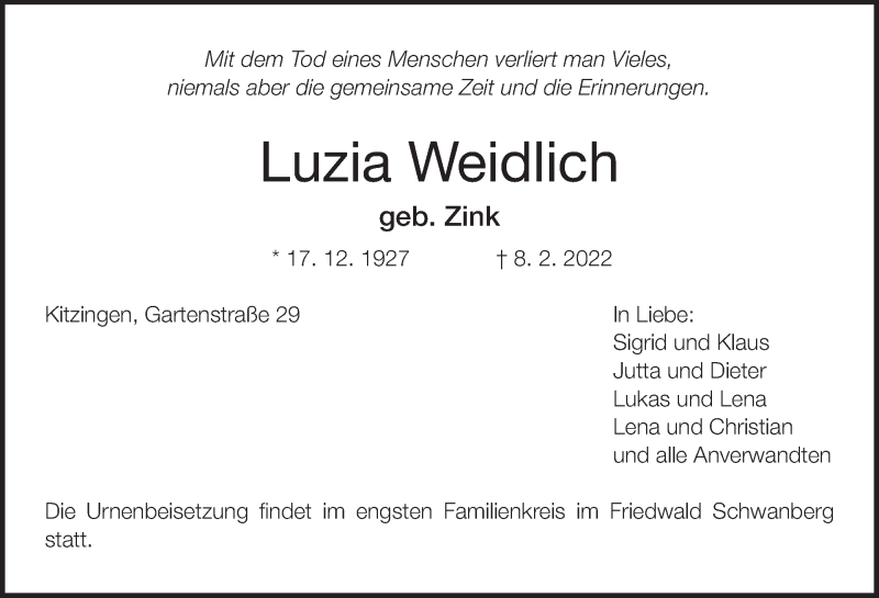  Traueranzeige für Luzia Weidlich vom 12.02.2022 aus MGO