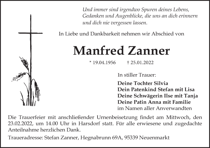  Traueranzeige für Manfred Zanner vom 21.02.2022 aus MGO