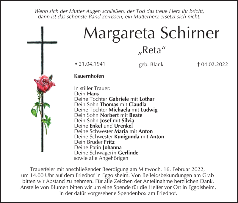  Traueranzeige für Margareta Schirner vom 12.02.2022 aus MGO