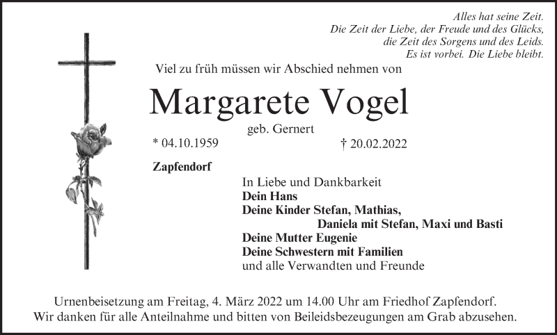  Traueranzeige für Margarete Vogel vom 26.02.2022 aus MGO