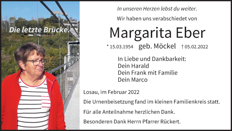  Traueranzeige für Margarita Eber vom 18.02.2022 aus MGO