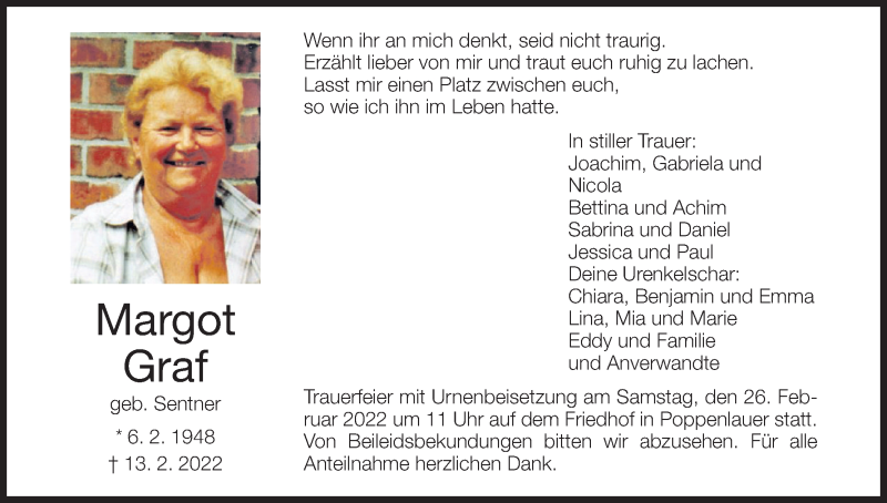  Traueranzeige für Margot Graf vom 19.02.2022 aus MGO