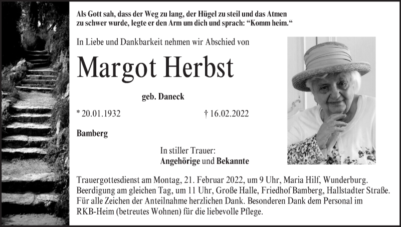  Traueranzeige für Margot Herbst vom 19.02.2022 aus MGO