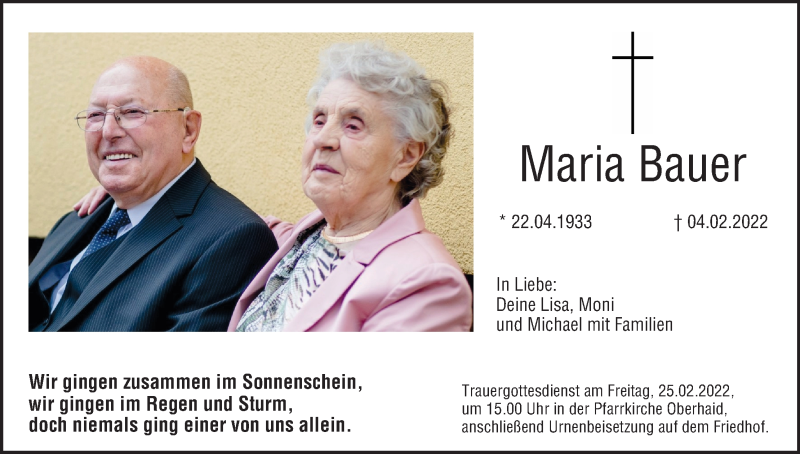  Traueranzeige für Maria Bauer vom 19.02.2022 aus MGO