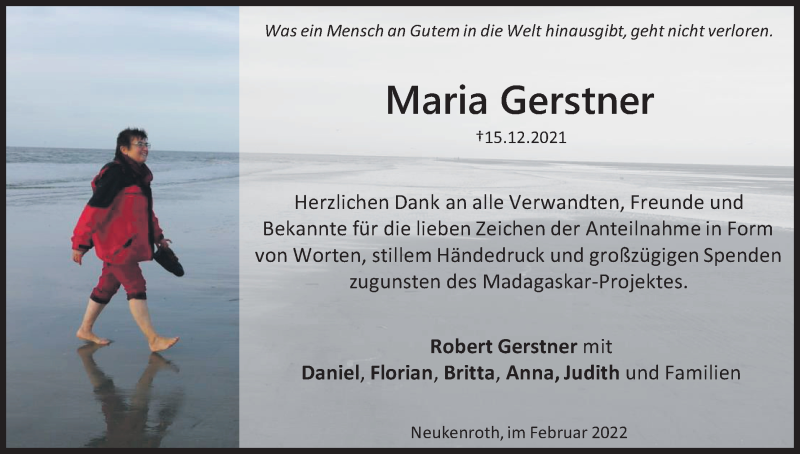  Traueranzeige für Maria Gerstner vom 15.02.2022 aus MGO