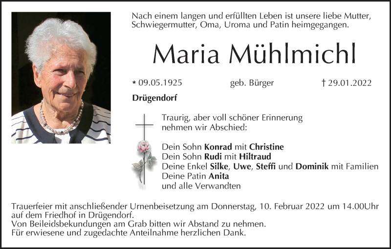  Traueranzeige für Maria Mühlmichl vom 05.02.2022 aus MGO