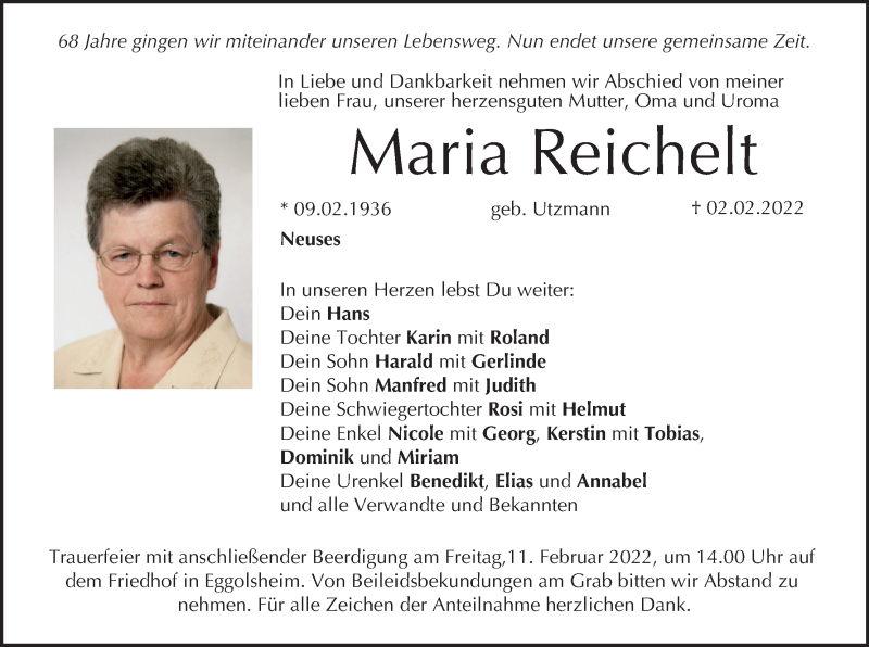  Traueranzeige für Maria Reichelt vom 05.02.2022 aus MGO