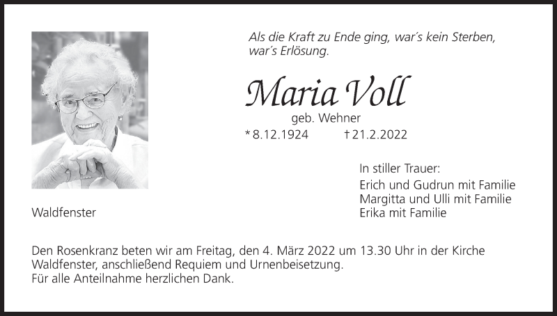  Traueranzeige für Maria Voll vom 26.02.2022 aus MGO