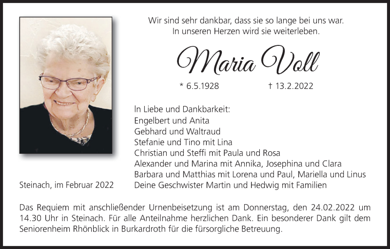  Traueranzeige für Maria Voll vom 19.02.2022 aus MGO