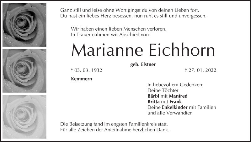  Traueranzeige für Marianne Eichhorn vom 12.02.2022 aus MGO