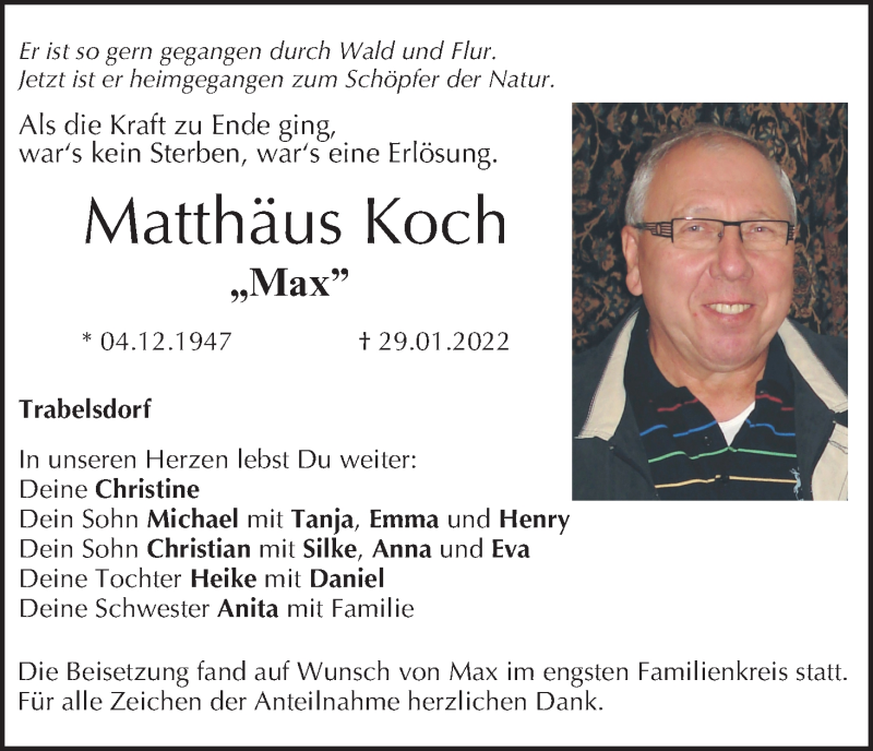  Traueranzeige für Matthäus Koch vom 12.02.2022 aus MGO